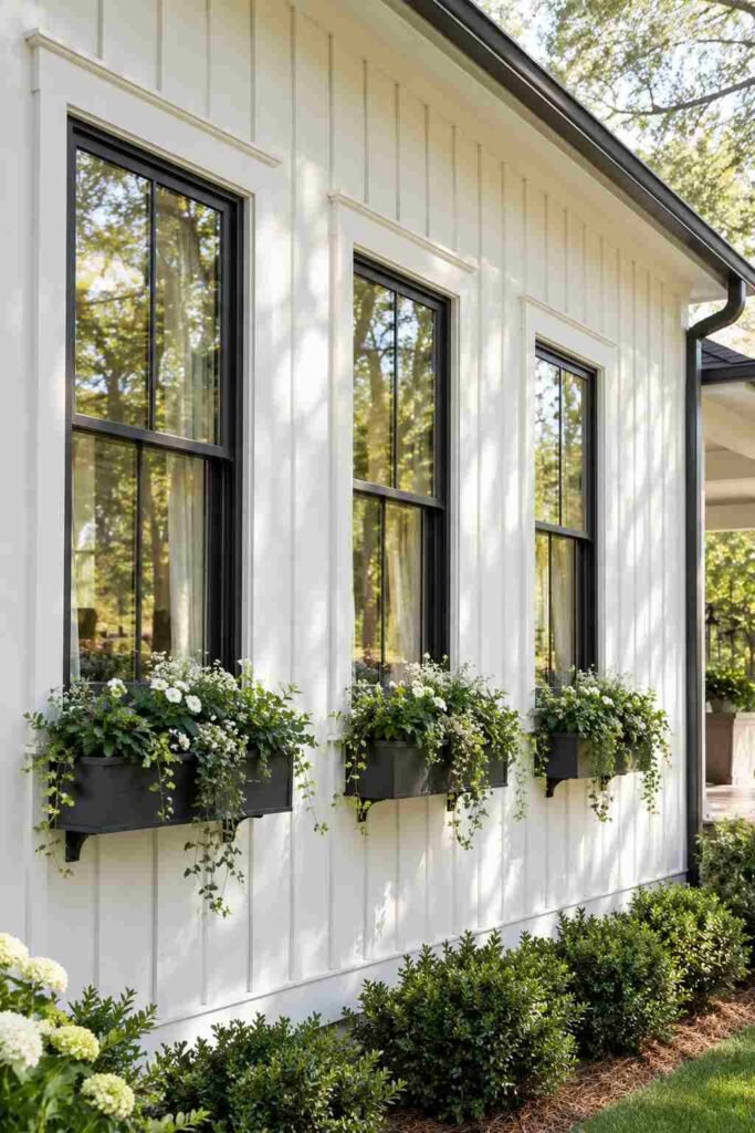 New black-framed windows on a white remodeled house exterior