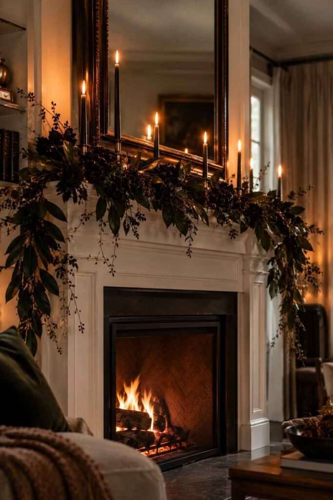 28 Halloween Mantel Decor Ideas: Spooky, Elegant and Family-Friendly Styles 4 Black garland with flameless taper candles across a Halloween mantel.