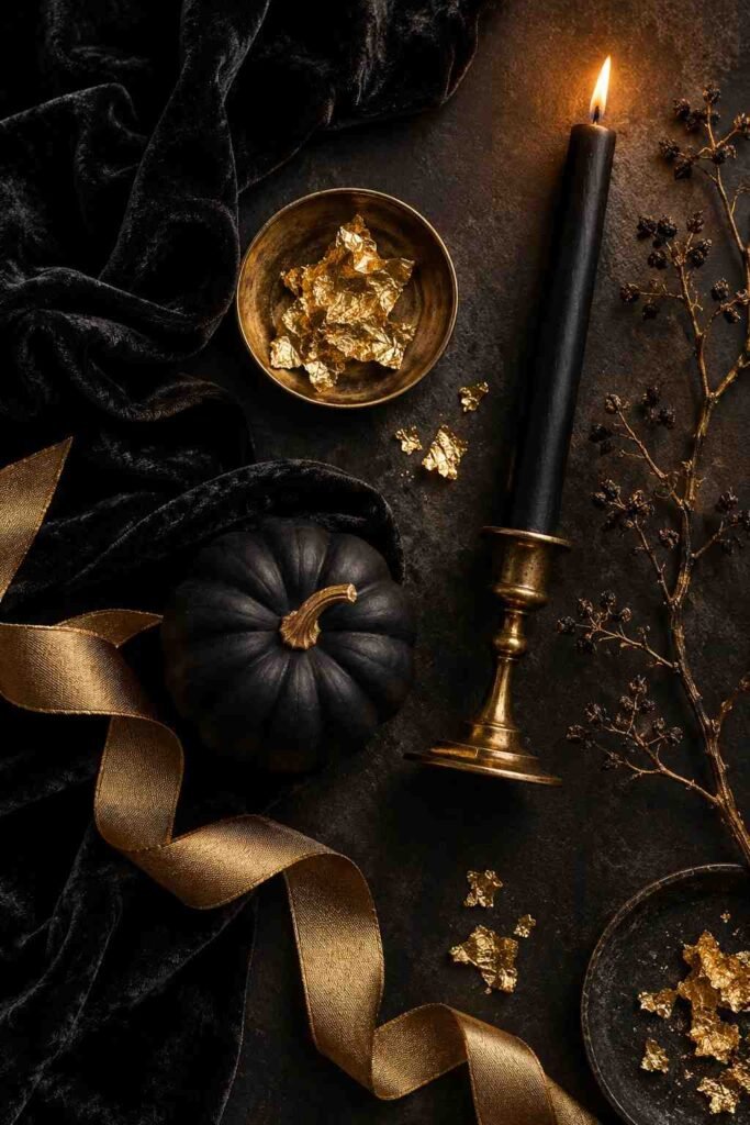 28 Elegant Black & Gold Halloween Ideas for Your Porch, Table & Party Spooky Season 2 Flat-lay of black velvet, gold leaf, candles, and a black pumpkin for black and gold Halloween decor.