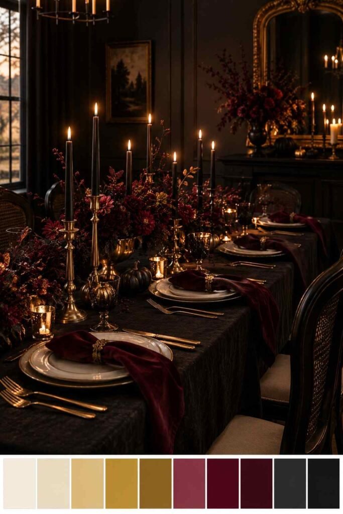 28 Elegant Black & Gold Halloween Ideas for Your Porch, Table & Party Spooky Season 6 Black and gold Halloween dining room table with burgundy accents and a ten-color palette strip below.