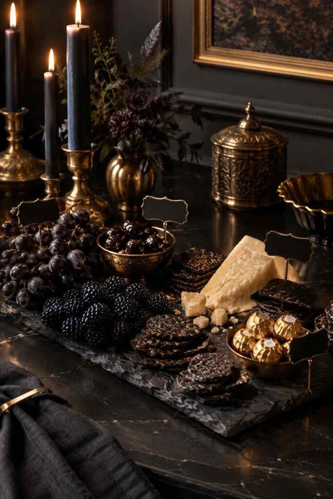 28 Elegant Black & Gold Halloween Ideas for Your Porch, Table & Party Spooky Season 17 Black and gold Halloween grazing board with berries, olives, and gold-wrapped chocolates.