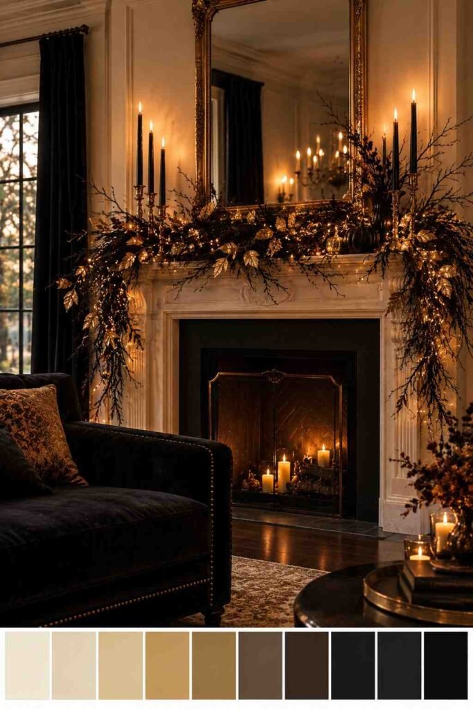 28 Elegant Black & Gold Halloween Ideas for Your Porch, Table & Party Spooky Season 9 Black and gold Halloween mantel with branch garland and gold mirror, with a ten-color palette strip below.