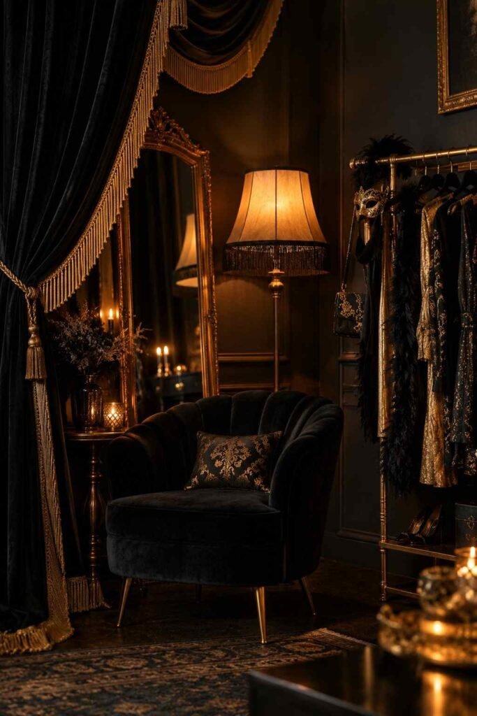 28 Elegant Black & Gold Halloween Ideas for Your Porch, Table & Party Spooky Season 20 Black curtain with gold fringe, a gold mirror, and a velvet chair as a Halloween photo corner.