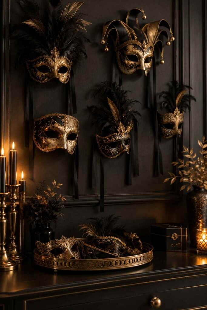 28 Elegant Black & Gold Halloween Ideas for Your Porch, Table & Party Spooky Season 19 Black and gold masquerade masks on a dark wall for a Halloween party entrance.