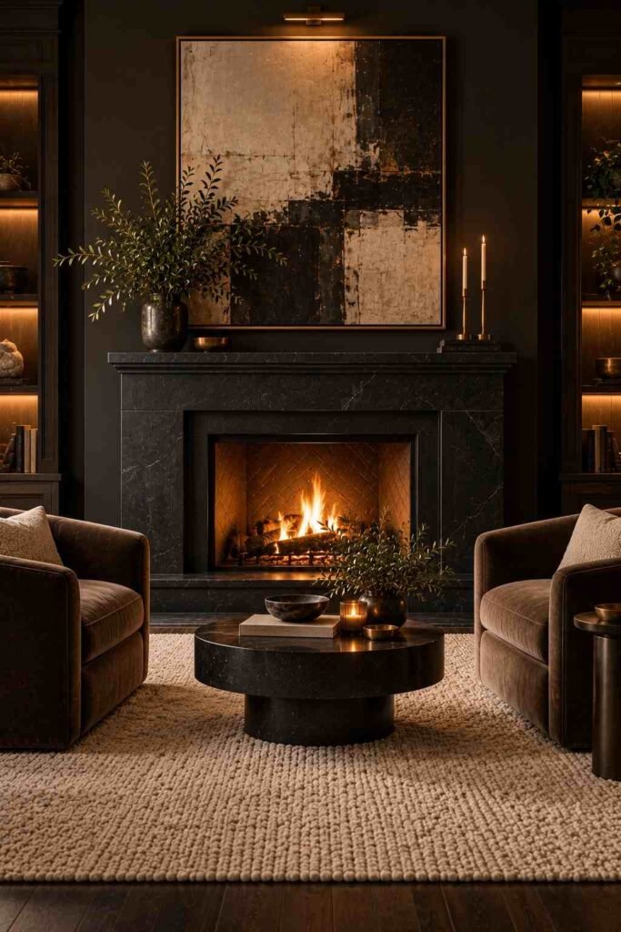Black stone fireplace with simple mantel and large art in a dark living room