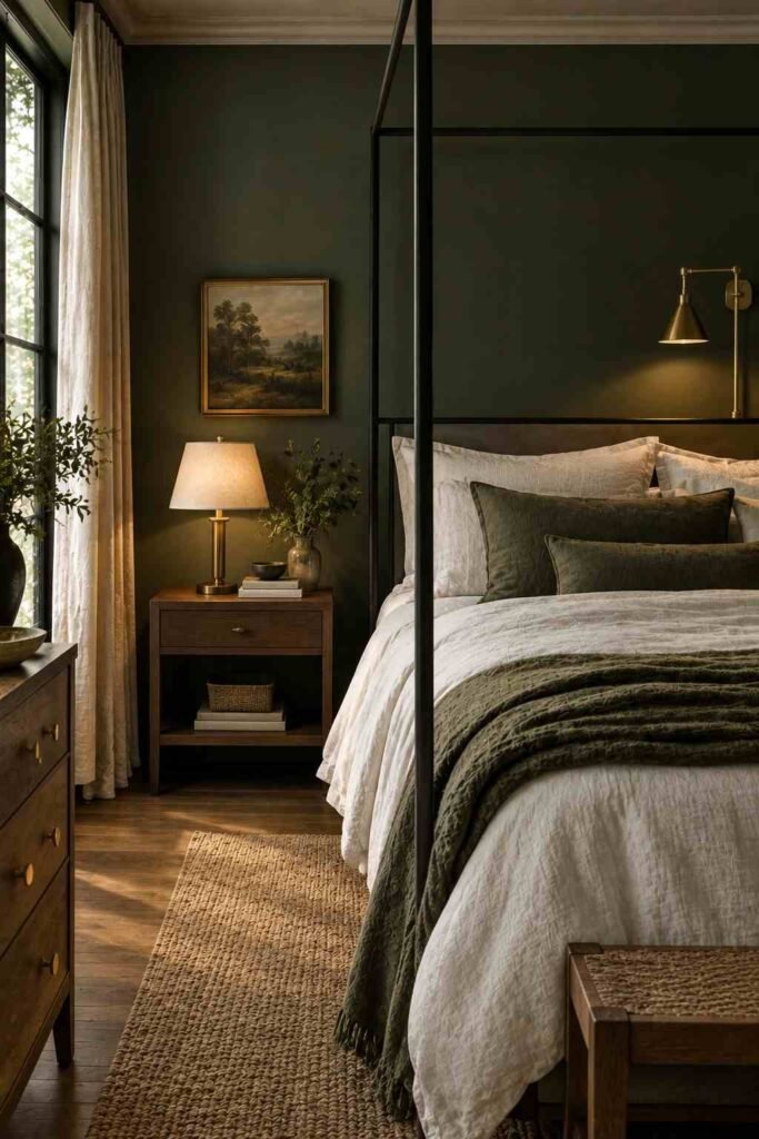 Matte black iron canopy bed with antique brass details against deep green bedroom walls