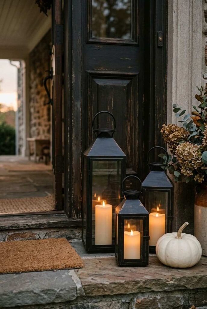 28 Classy Halloween Decor Ideas: Moody, Grown-Up for an Elegant, Stylish Home 5 Cluster of black lanterns with flameless candles beside a Halloween front door