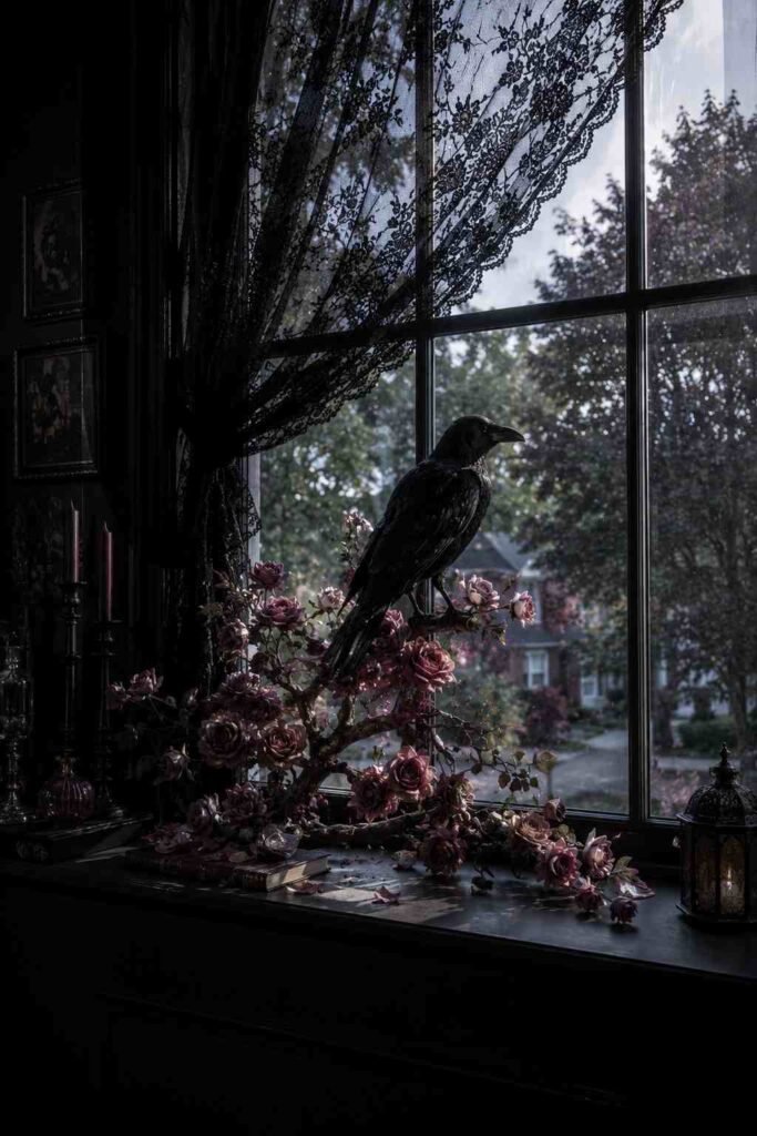 Black raven on pink faux roses in a large window as a gothic Halloween focal point.