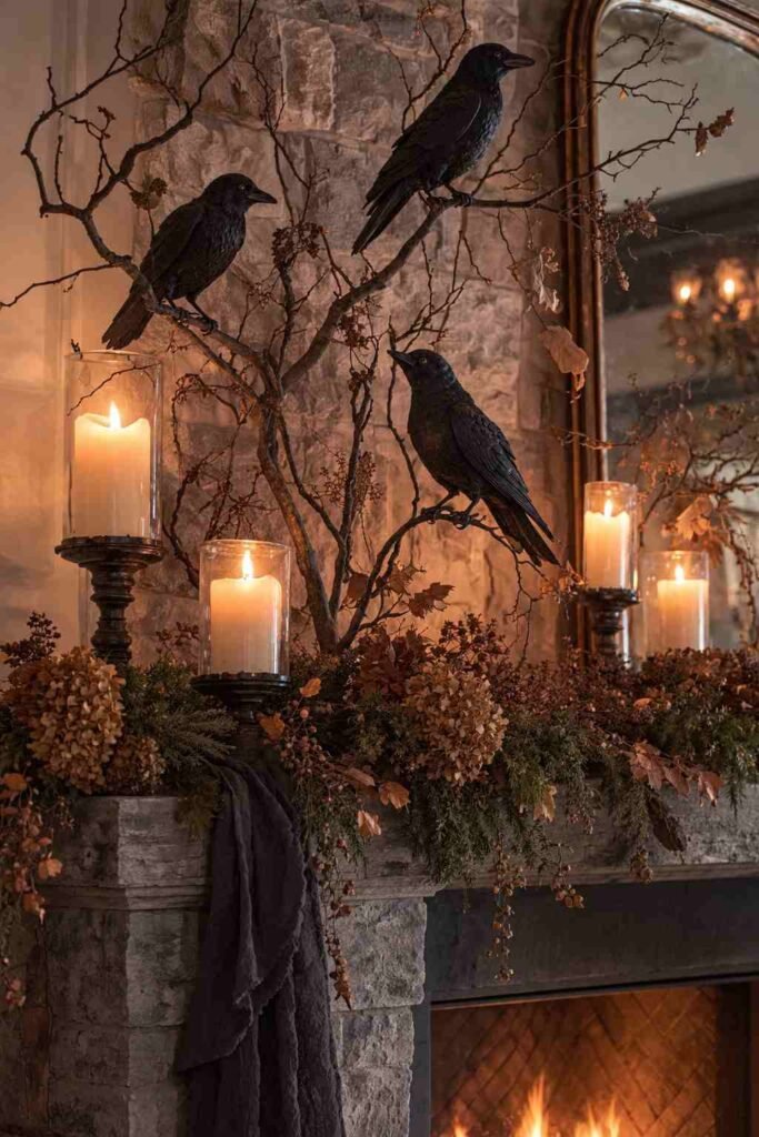 28 Halloween Mantel Decor Ideas: Spooky, Elegant and Family-Friendly Styles 6 Black ravens perched among branches and candles on a gothic Halloween mantel.