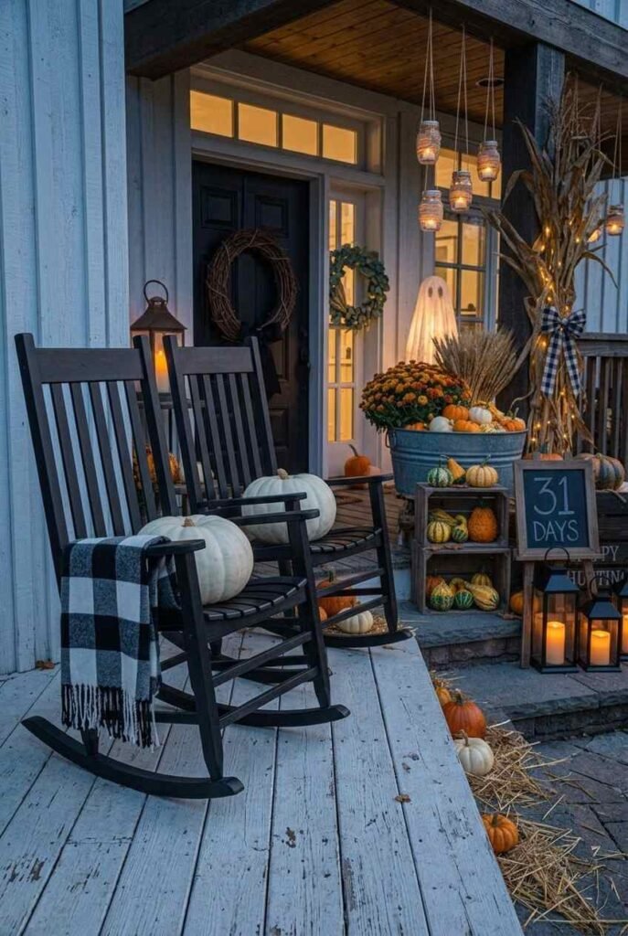 Matte black rocking chairs with white pumpkins on a white farmhouse porch.