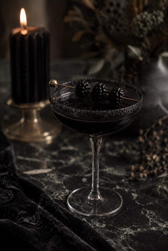 Cocktail with black salt rim and blackberry skewer on dark marble