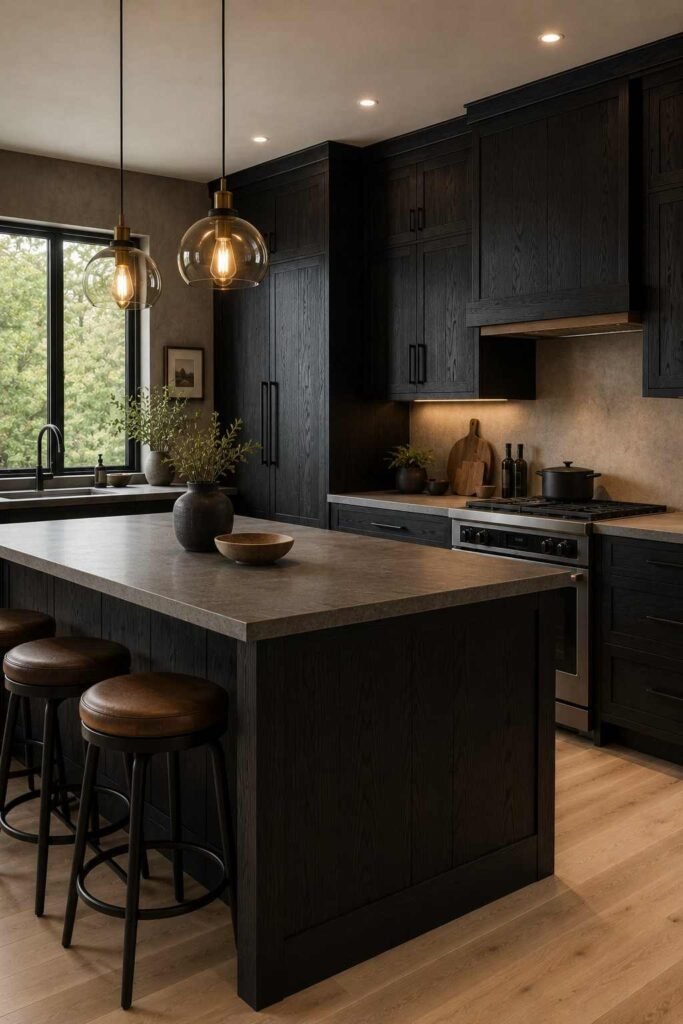 Modern kitchen with black-stained wood cabinets and visible grain