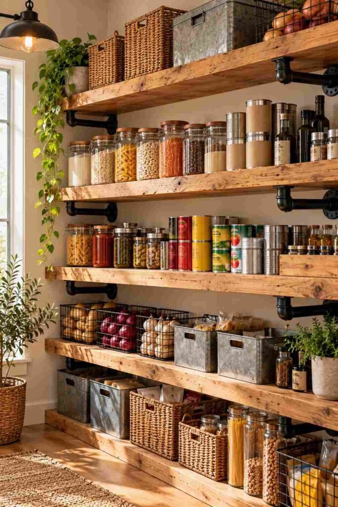 Open Shelving Pantry Kitchen Ideas: 30 Layouts, Storage Tricks and Styling Tips 6 Black steel pipe brackets supporting thick wood pantry shelves with canned goods.
