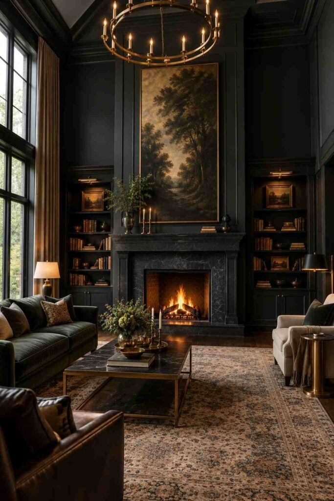 28 Dark Living Room Ideas for High Ceilings That Feel Rich, Not Gloomy (Paint, Lighting & Layout) 19 Black stone fireplace with tall artwork in a dark living room