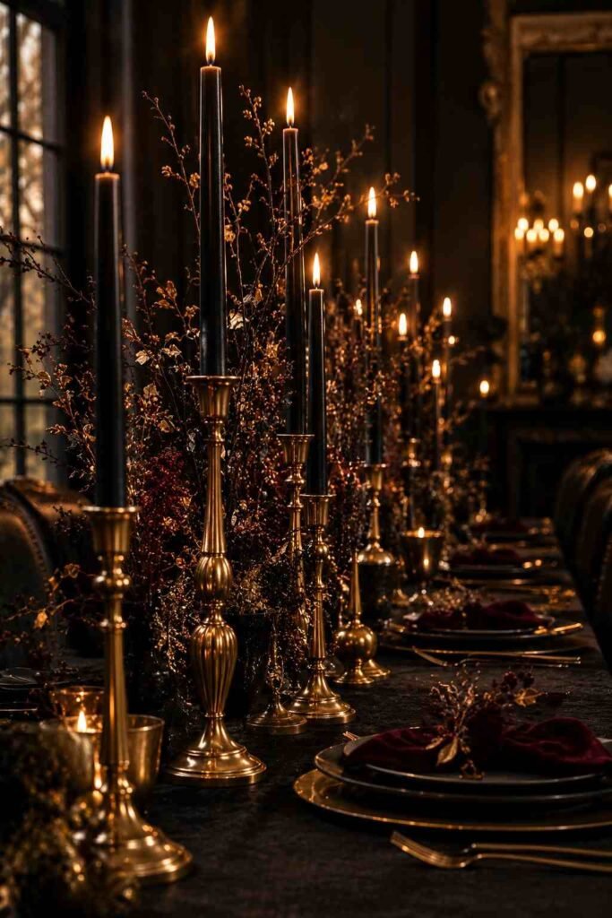 28 Elegant Black & Gold Halloween Ideas for Your Porch, Table & Party Spooky Season 7 Black taper candles in gold holders with dried branches as a Halloween table centerpiece.