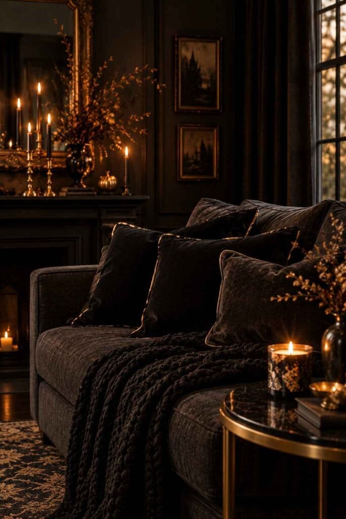 28 Elegant Black & Gold Halloween Ideas for Your Porch, Table & Party Spooky Season 11 Black velvet pillows with gold piping and a knit throw on a sofa for Halloween.