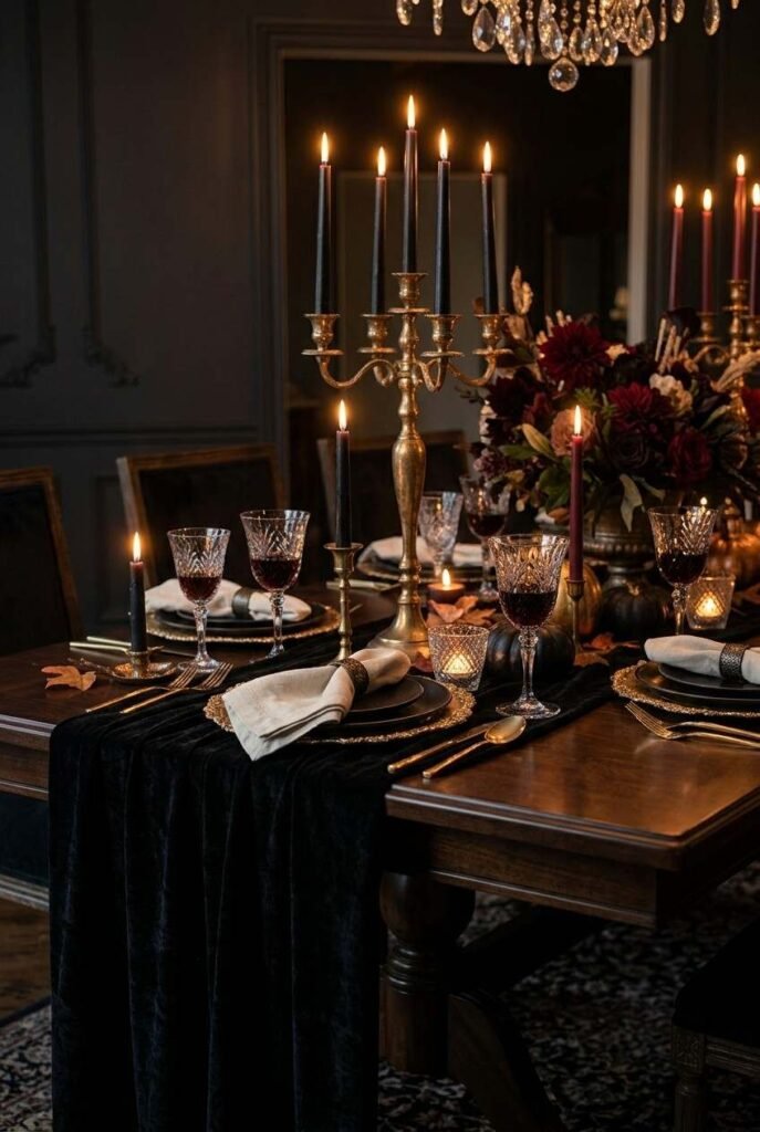 Luxury Halloween Dining Room Decor Ideas: 30 Ways to Style a Dark, Elegant Table 4 Black velvet table runner on a Halloween dining table with gold candle holders
