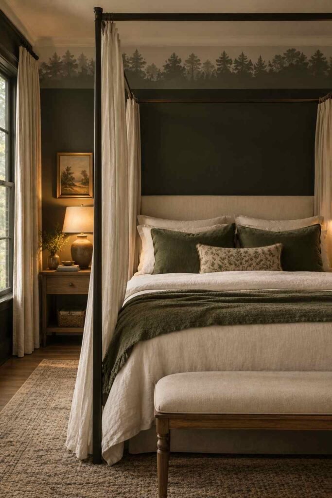 Black accent wall behind a pale canopy bed with deep green cushions and a painted tree-line mural