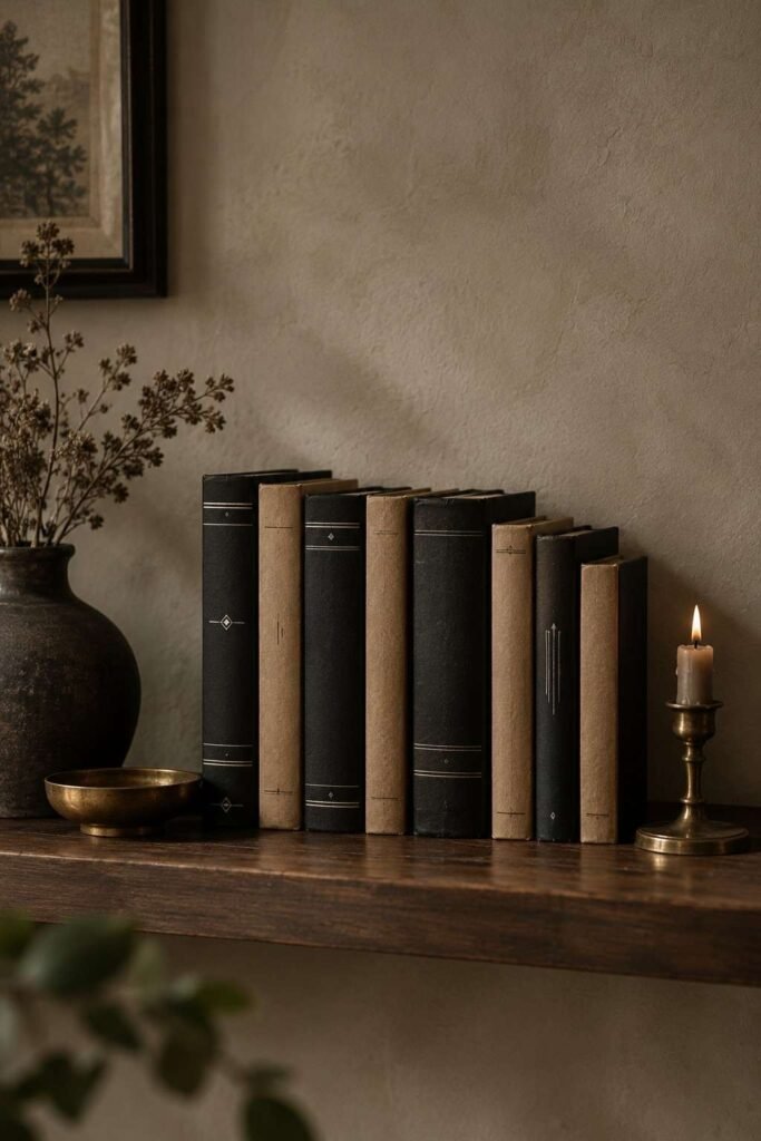 28 Modern Halloween Shelf Styling Ideas That Look Stylish, Not Scary: A Chic, Spooky Home 8 Hardcover books wrapped in black and kraft paper for a Halloween apothecary shelf look.