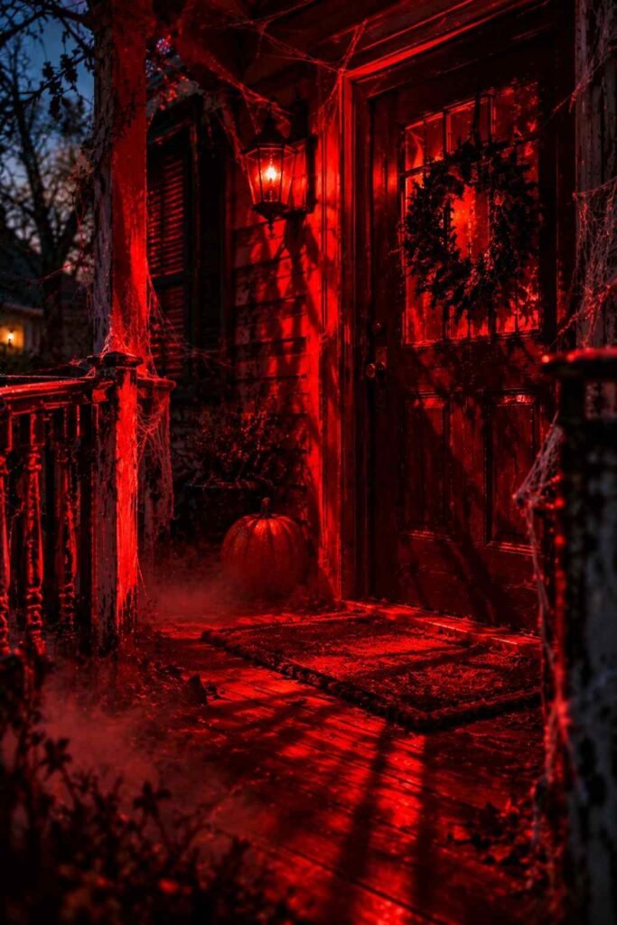 Front porch lit by a blood-red bulb for a scary Halloween look.