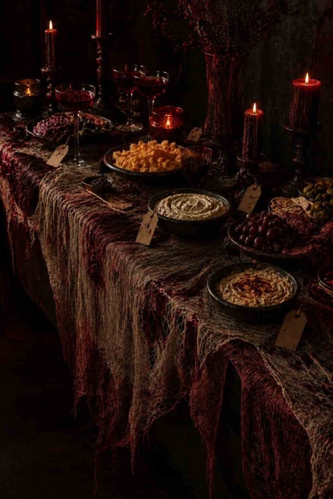 28 Halloween Party Decorations Scary Enough to Terrify Every Guest 15 Snack table with a stained cheesecloth runner and toe-tag style food labels for a scary Halloween party.