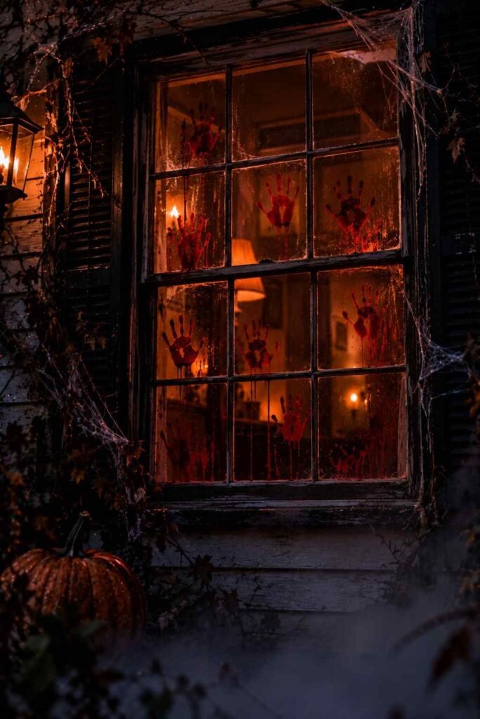 Bloody handprints on a Halloween porch window with cobwebs at the corners.