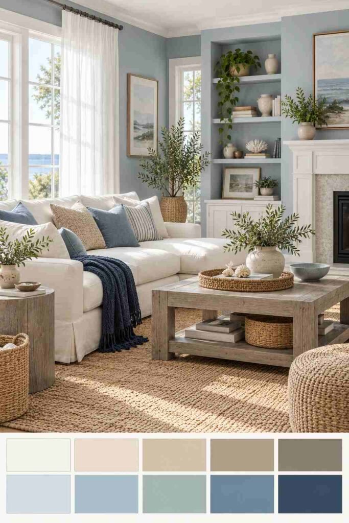 Coastal living room with soft blue walls and sandy beige rug, with a 10-color palette strip below