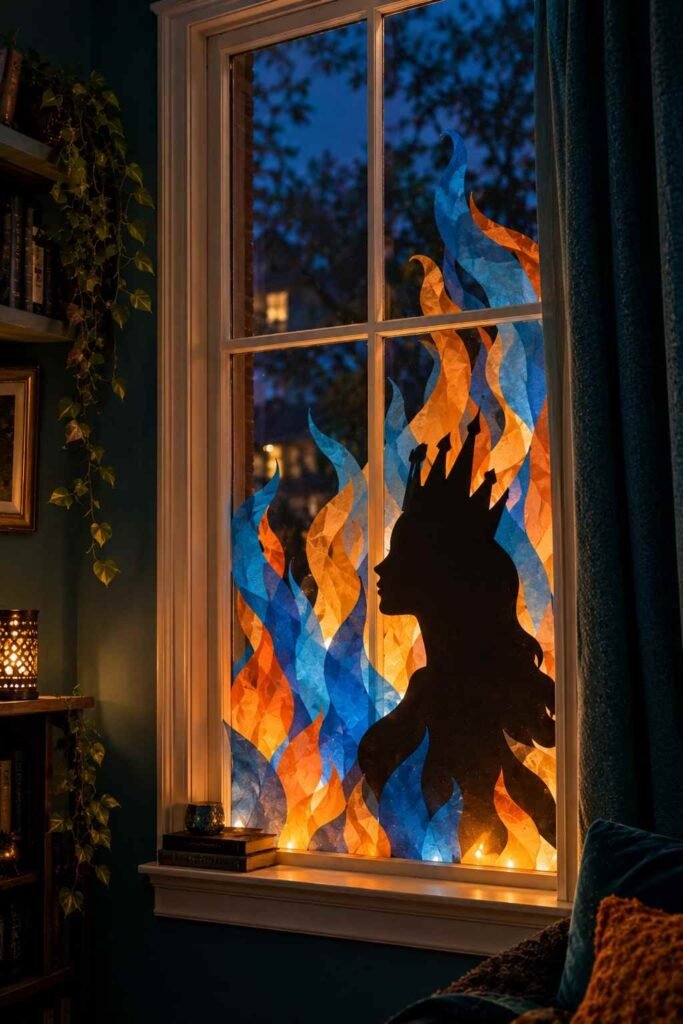 Blue and orange tissue flame behind a black profile silhouette in a Halloween window.