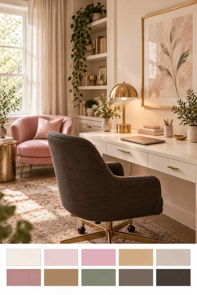 Blush and gold home office with ivory walls and charcoal chair, with a ten-color palette strip below