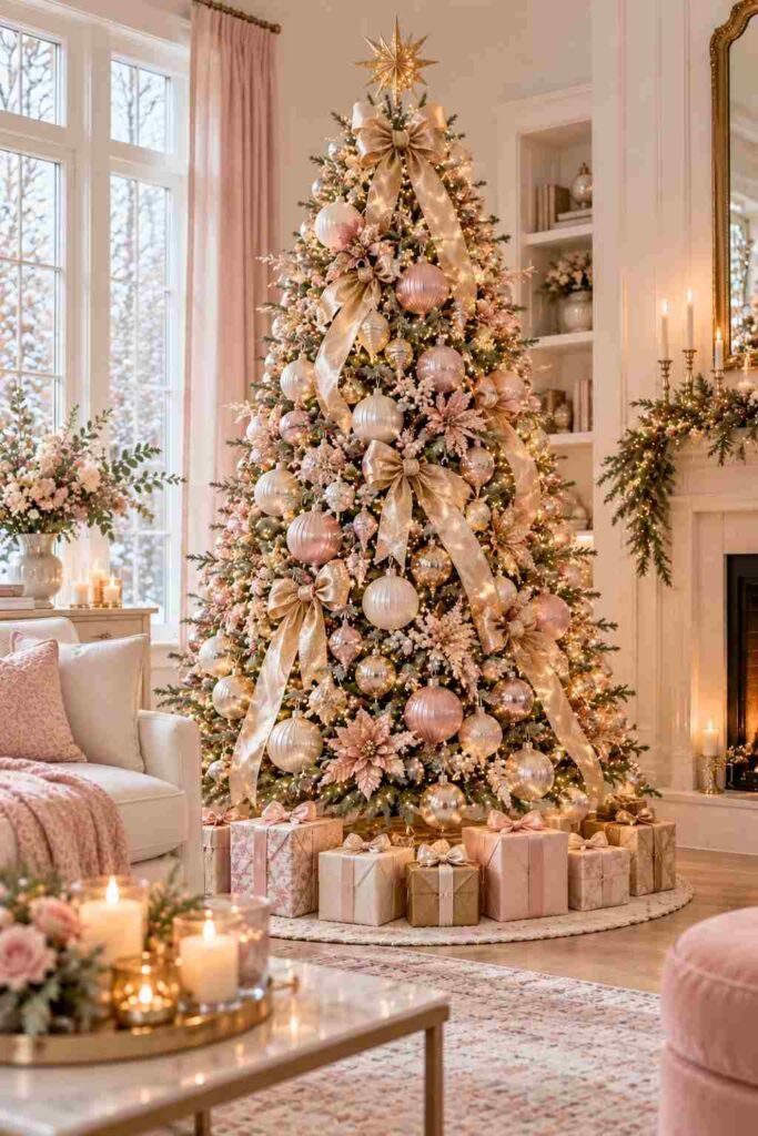 Blush pink and gold Christmas tree with satin ribbon.