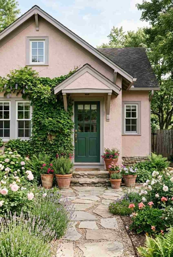 Dusty blush pink stucco cottage with gray trim and a deep green front door