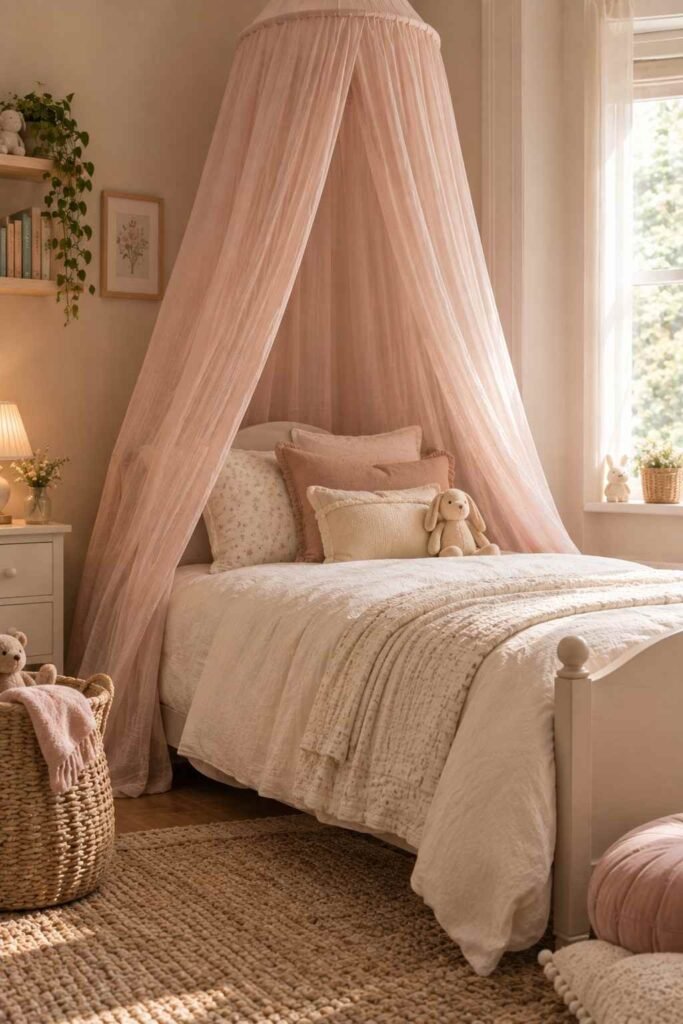 Blush pink voile canopy over a child's bed with cream bedding and a woven rug.