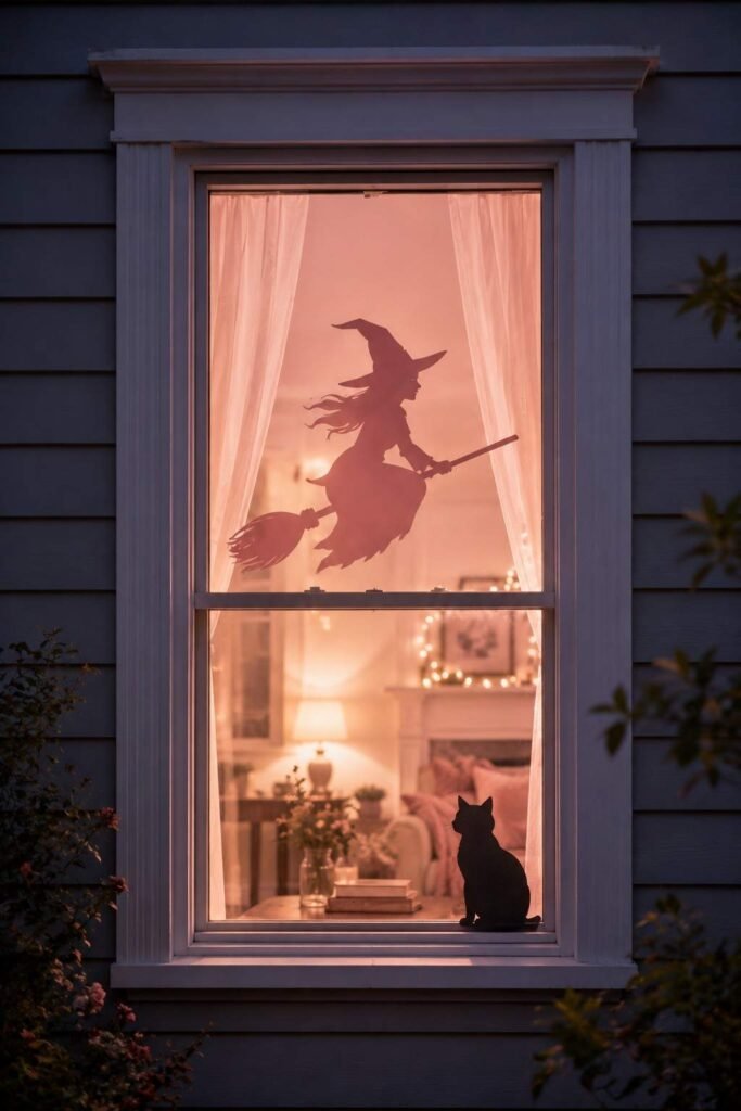 Blush pink paper witch silhouette and black cat on a lit Halloween window.
