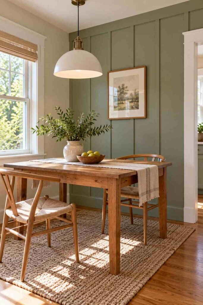 Sage board-and-batten accent wall in a small dining nook.