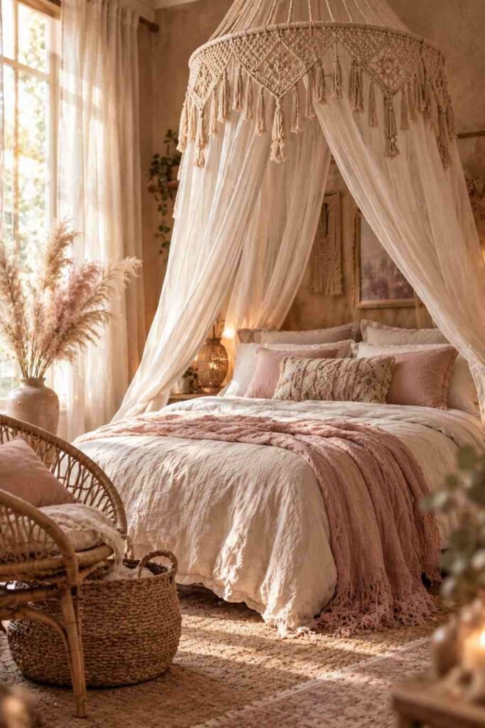 30 Canopy Bed Ideas for Princess Bedroom: Dreamy, Safe & Budget-Friendly 13 Boho macramé canopy over a girl's bed with rattan chair and woven basket
