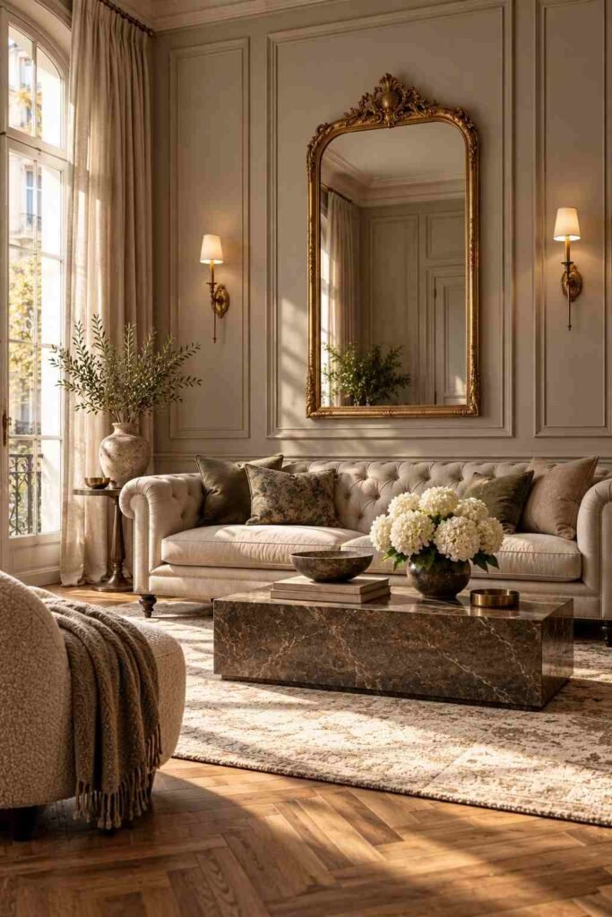 30 Luxury Wall Decor Ideas for Living Room Walls: Art, Texture, Mirrors & Lighting 9 Greige boiserie wall panels with slim picture molding in a classic living room.