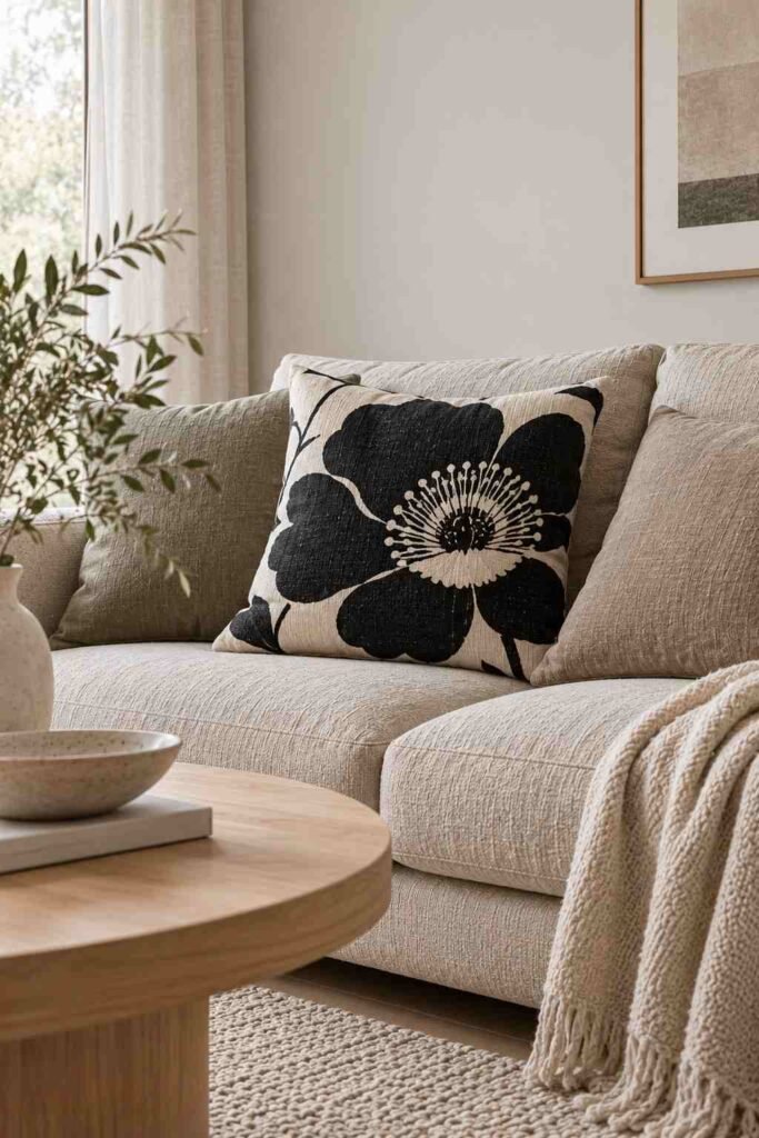 Bold graphic floral cushion on a neutral sofa in a Nordic living room