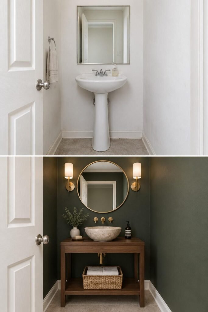 Home Remodeling Before and After: 28 Room-by-Room Transformations 8 Powder room before and after a bold makeover with deep green paint and a statement mirror.
