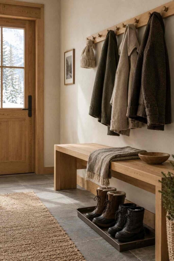 27 Scandinavian Mountain Interior Design Ideas: Ways to Create a Warm Nordic Cabin 18 Boot room with wooden peg rail and bench in a Scandinavian mountain home