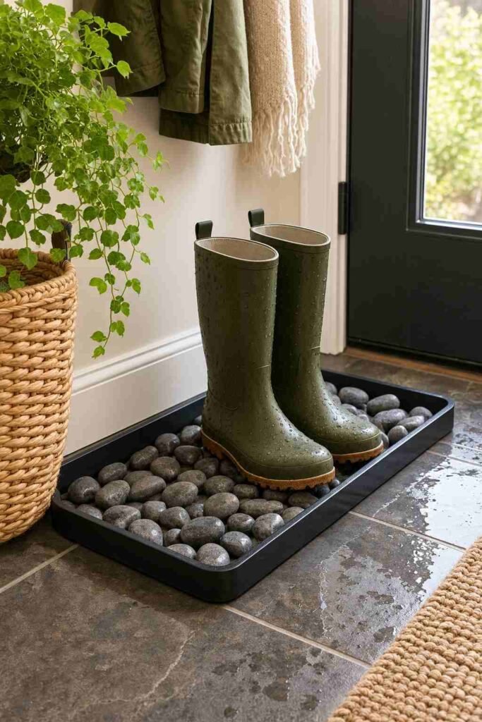 Boot tray filled with smooth pebbles holding wet rain boots by the front door