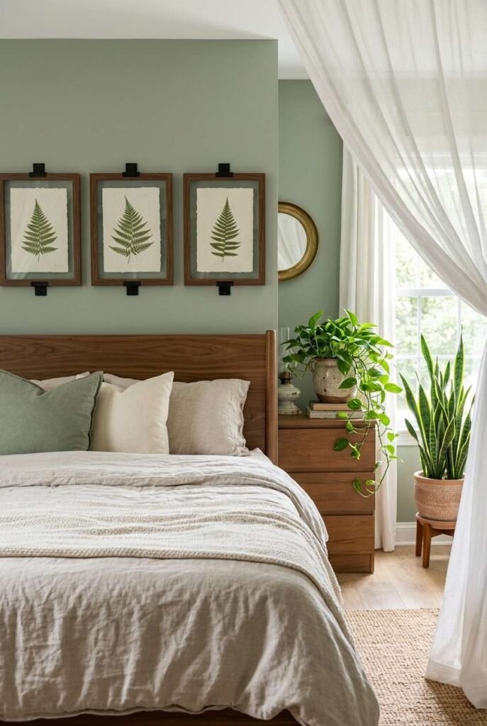 Framed leaf prints and houseplants in a sage green canopy bedroom.