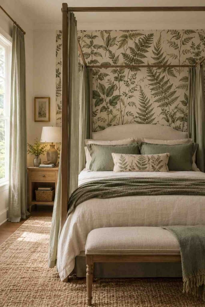 Botanical fern wallpaper feature wall behind a canopy bed with sage linen drapes