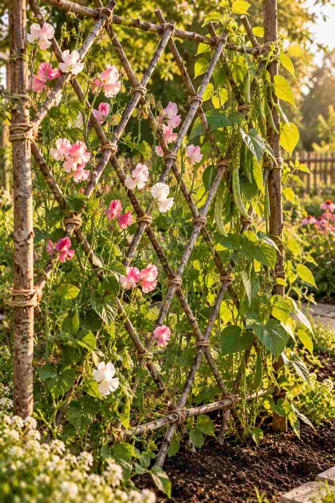 28 Budget-Friendly Outdoor Decorations DIY Garden Projects for Every Season 16 Branch and twine trellis covered with climbing sweet peas and pole beans in a garden bed