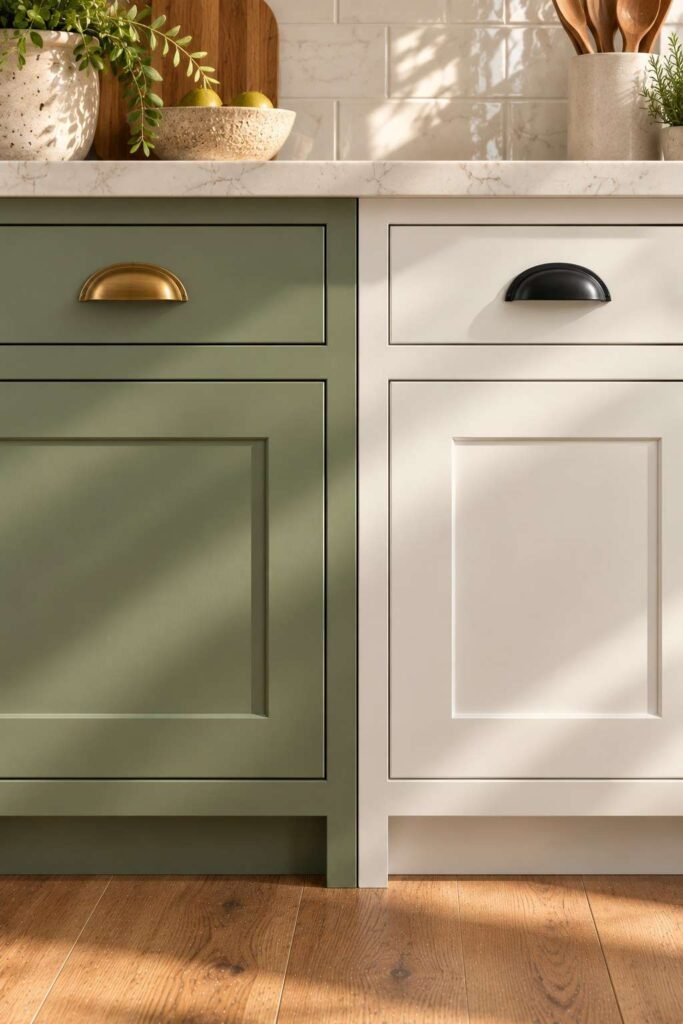 Brass and black cabinet pulls on sage and white satin-finish kitchen cabinets