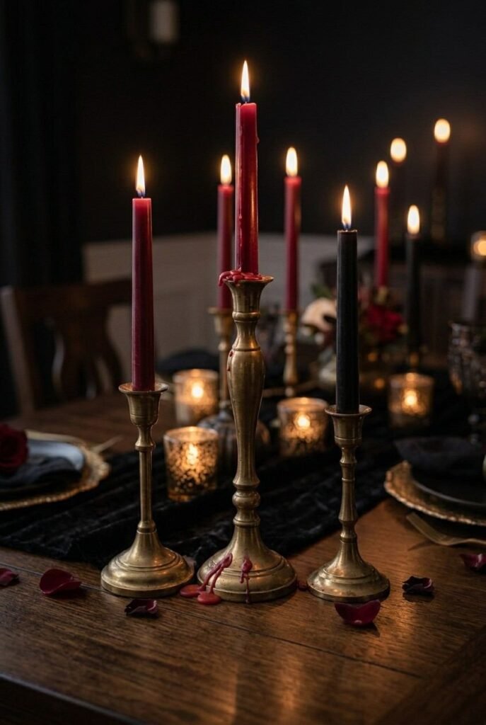 Luxury Halloween Dining Room Decor Ideas: 30 Ways to Style a Dark, Elegant Table 7 Brass candelabra centerpiece with black and red candles on a Halloween table