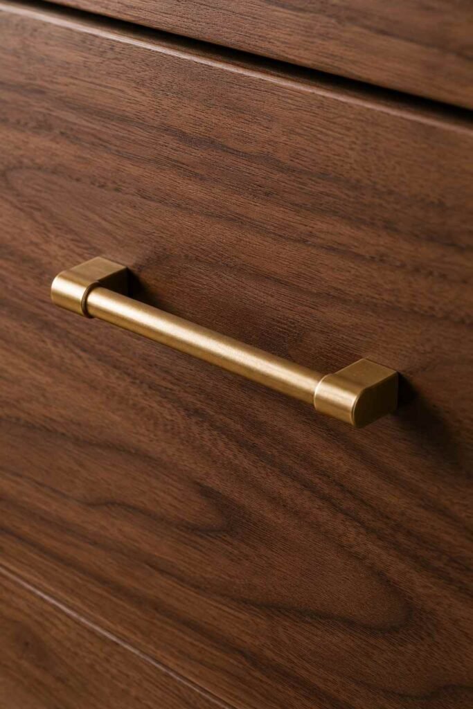 Close-up of a brass pull on a walnut kitchen cabinet drawer