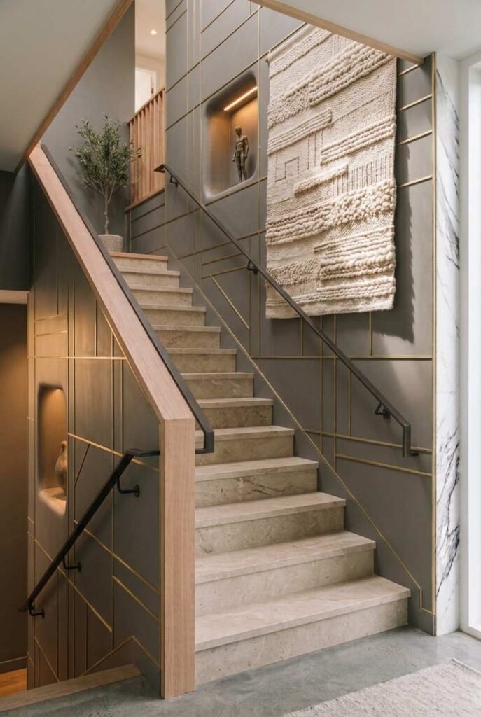 28 Stairs Wall Decor Ideas Modern Luxury Interiors Style Your Staircase Wall 20 Slim brass inlay forming geometric lines on painted panels along a staircase wall