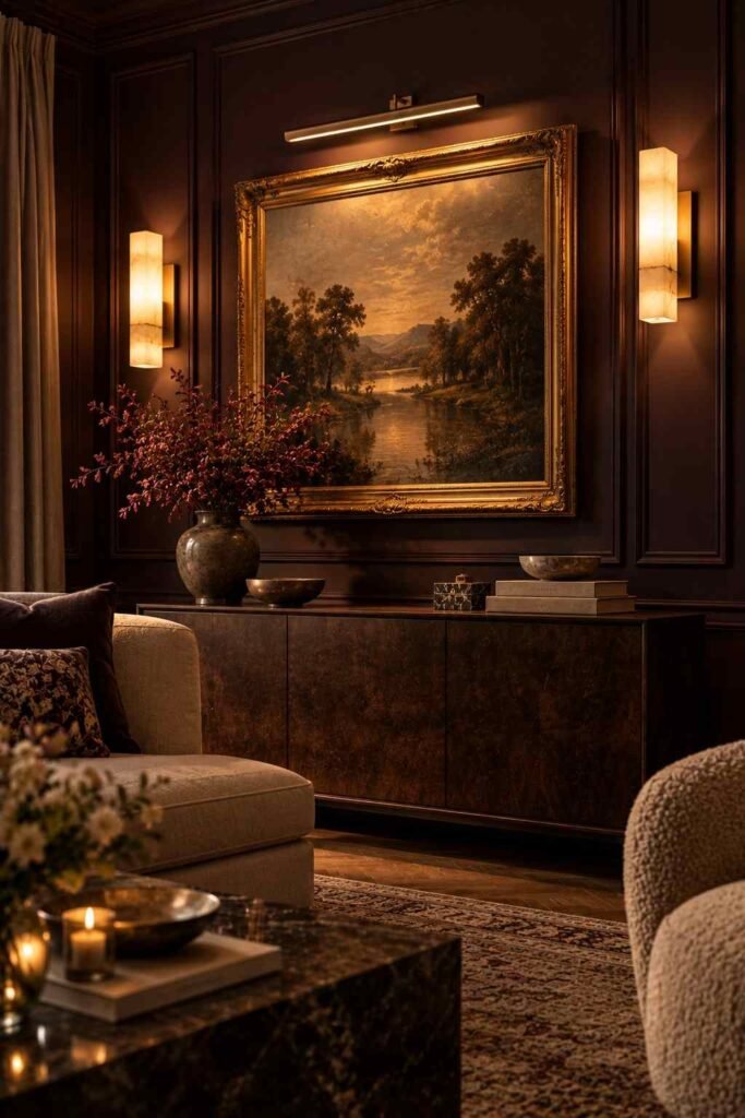 30 Luxury Wall Decor Ideas for Living Room Walls: Art, Texture, Mirrors & Lighting 15 Painting lit by a brass picture light between two alabaster wall sconces.