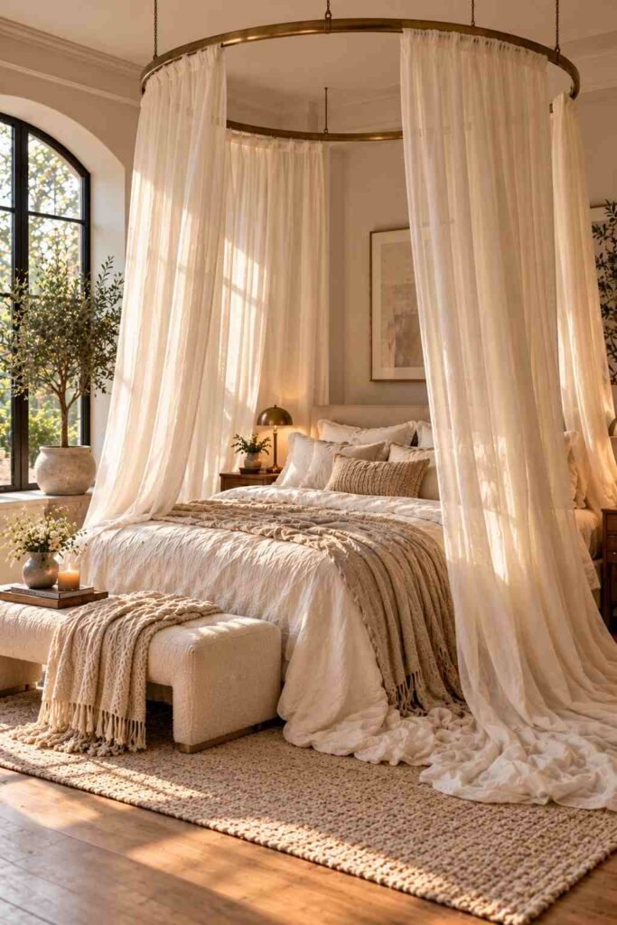 Brass ring canopy hanging from the ceiling over a modern bed
