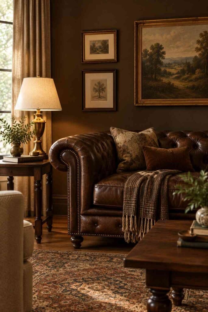 Dark brown tufted Chesterfield sofa in a moody traditional living room.